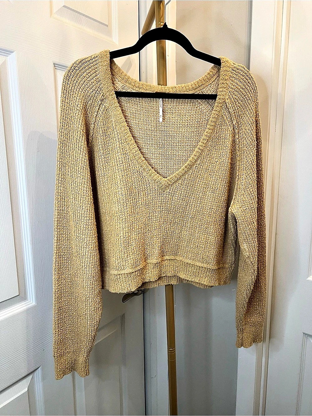 Free People Opal V-Neck Textured Pullover Yellow Medium
